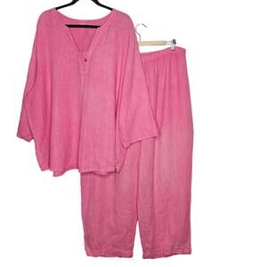 Vintage Hot Cotton 100% Linen Button Matching Set 3X Tunic Top Wide Leg Pants